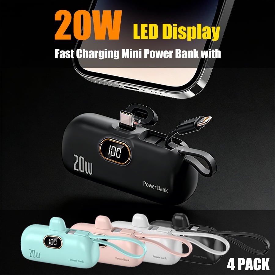 Ya Yatech 5000mAh Portable Power Bank, PD Fast Charging with LED Display, Built-in Type-C Plug Compatible with iOS and Android Phones