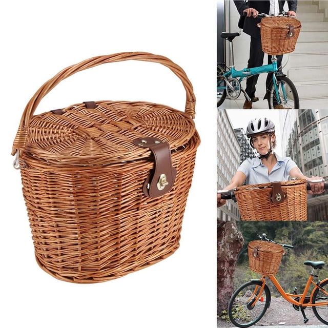 Sonducket Cesta delantera de bicicleta, cesta de mimbre para Picnic con tapa, asa de transporte, cesta de la compra Ciclismo