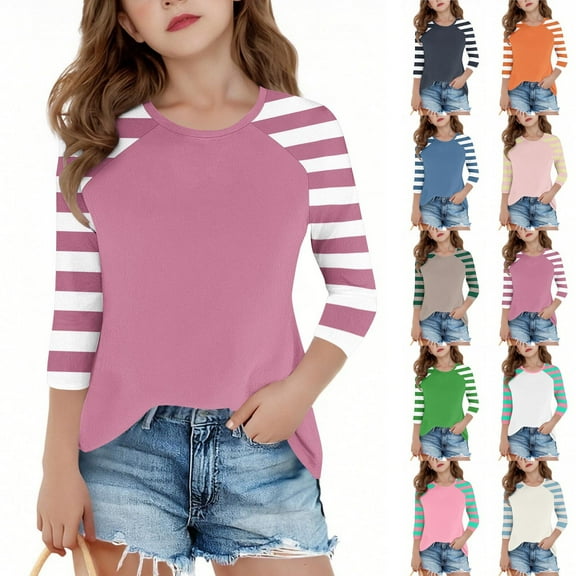 Rvasteizo Girls Shirts Base Layer Fall Winter Crewneck 3/4 Sleeve Pullover Stripe 4-15Y,9 T