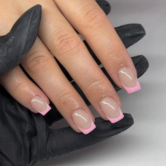 TRAHOO-30 PCS Pink French Tip Press On Nails Short Square Fake Nails French Nails Press ons Square Acrylic Nails Glue on Nails Natural Short Square Nails False Nails for Women in 15 Sizes