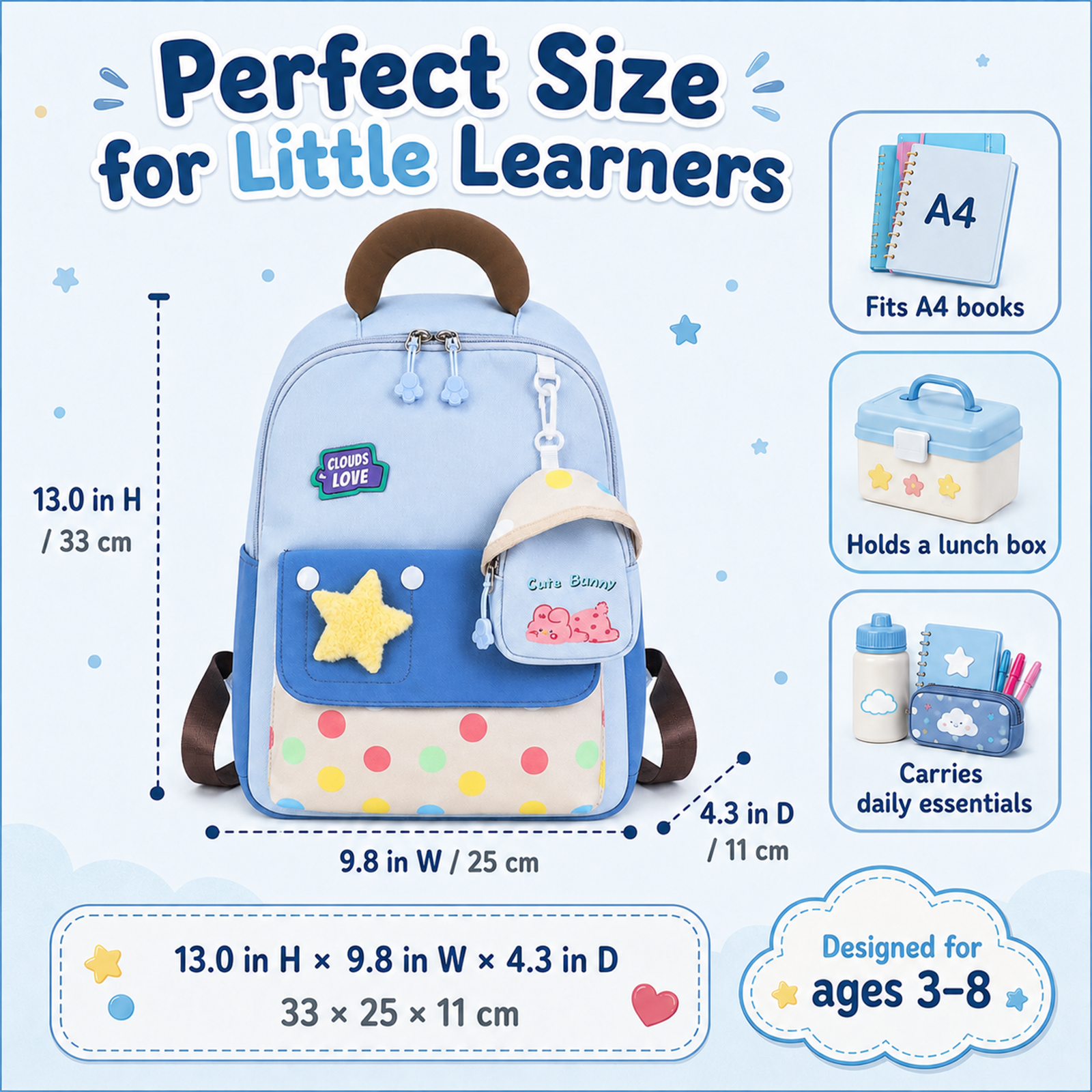Mochila para niñas de 3 a 8 años, mochila escolar pequeña para preescolar y jardín de infantes, ligera, con diseños de caricatura, bolso Oxford para viajes - AZUL 2