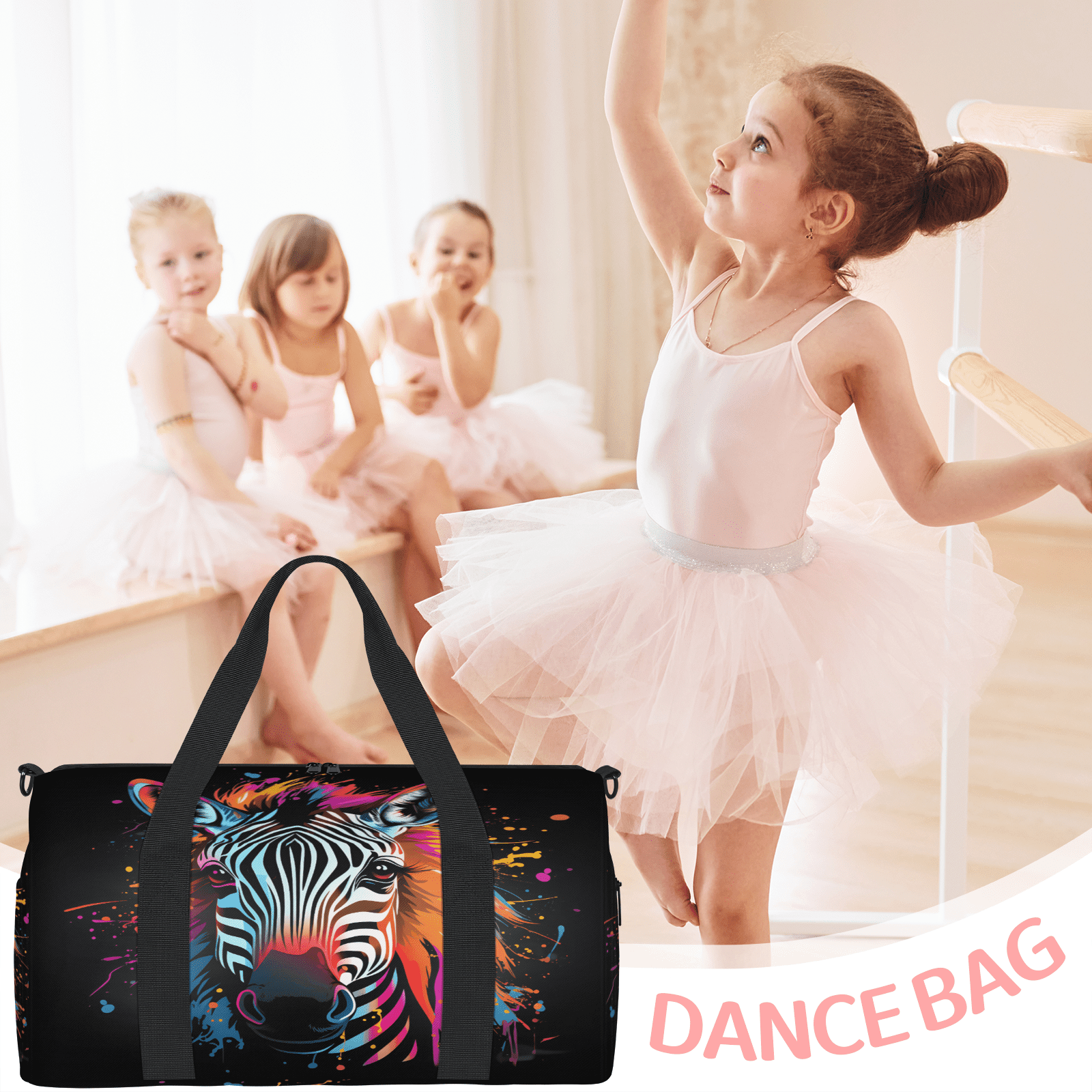 Herdesigns Doodle Zebra Gym Bag for Women, Duffle Bag for Travel Sport, Zebra Print Lightweight Waterproof Carry on Weekender Dance Yoga Workout Bags