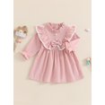 thumbnail image 6 of Elippeo Little Girl Autumn Corduroy Dress Mock Neck Ruffled Long Sleeve Bow Decor A-Line Dress 12 18 24 Months 3 4 5 Years, 6 of 10