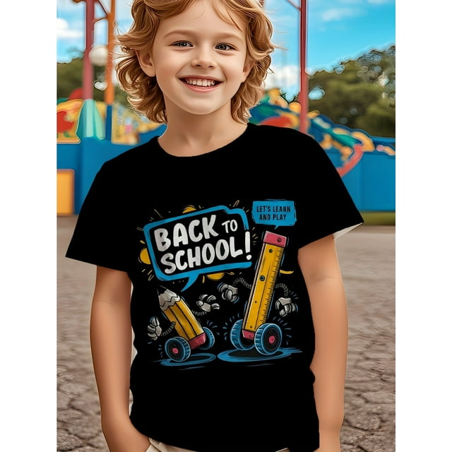Boys' Back to School Cartoon Graphic T-Shirt - Lightweight Knit Fabric, Fun School-Themed Design with Pencil & Ruler Illustrations, Perfect for Casual Summer Outings, Parties, and Gifts