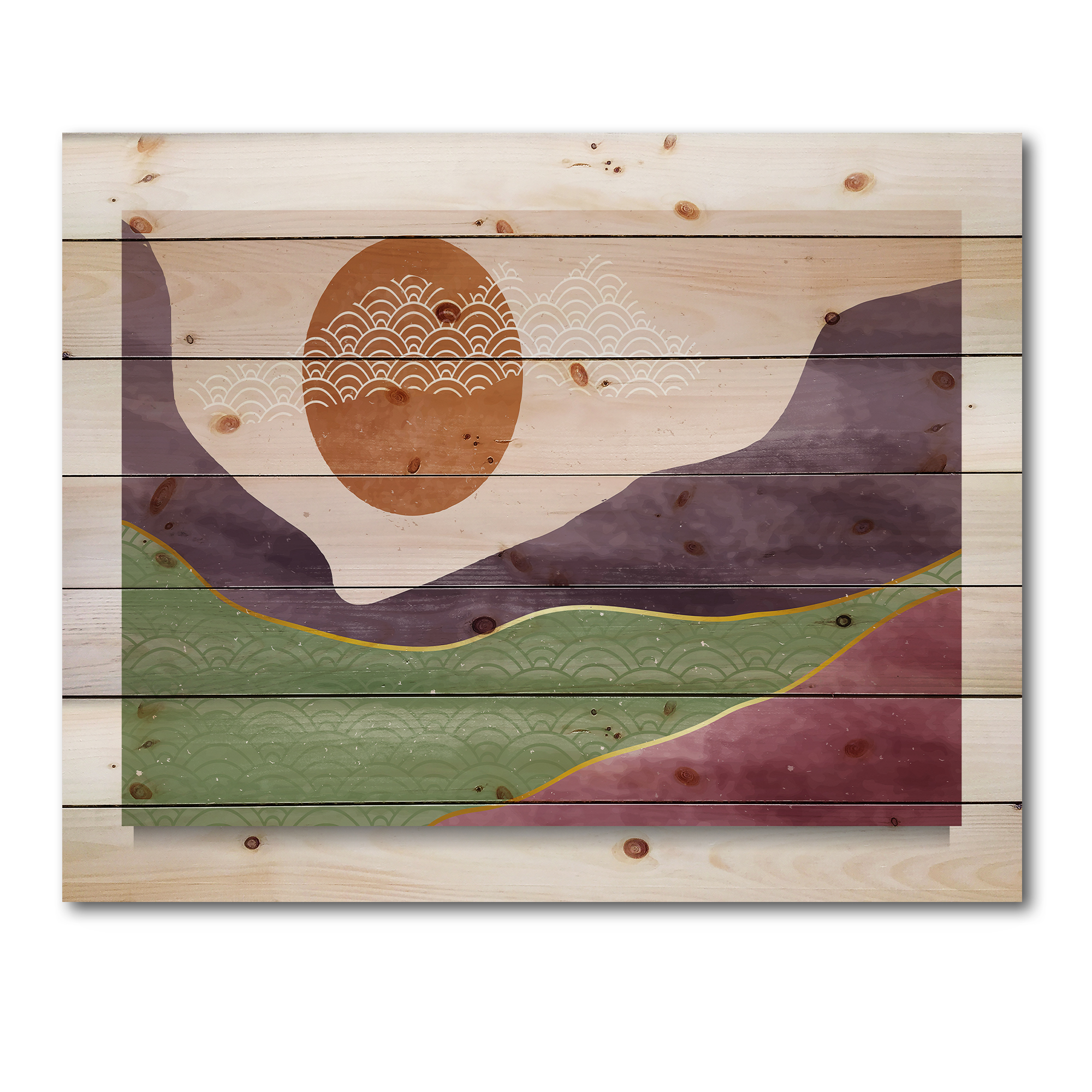 Designart 'Abstract Landscapes With Mountain River and Moon' Modern Print on Natural Pine Wood
