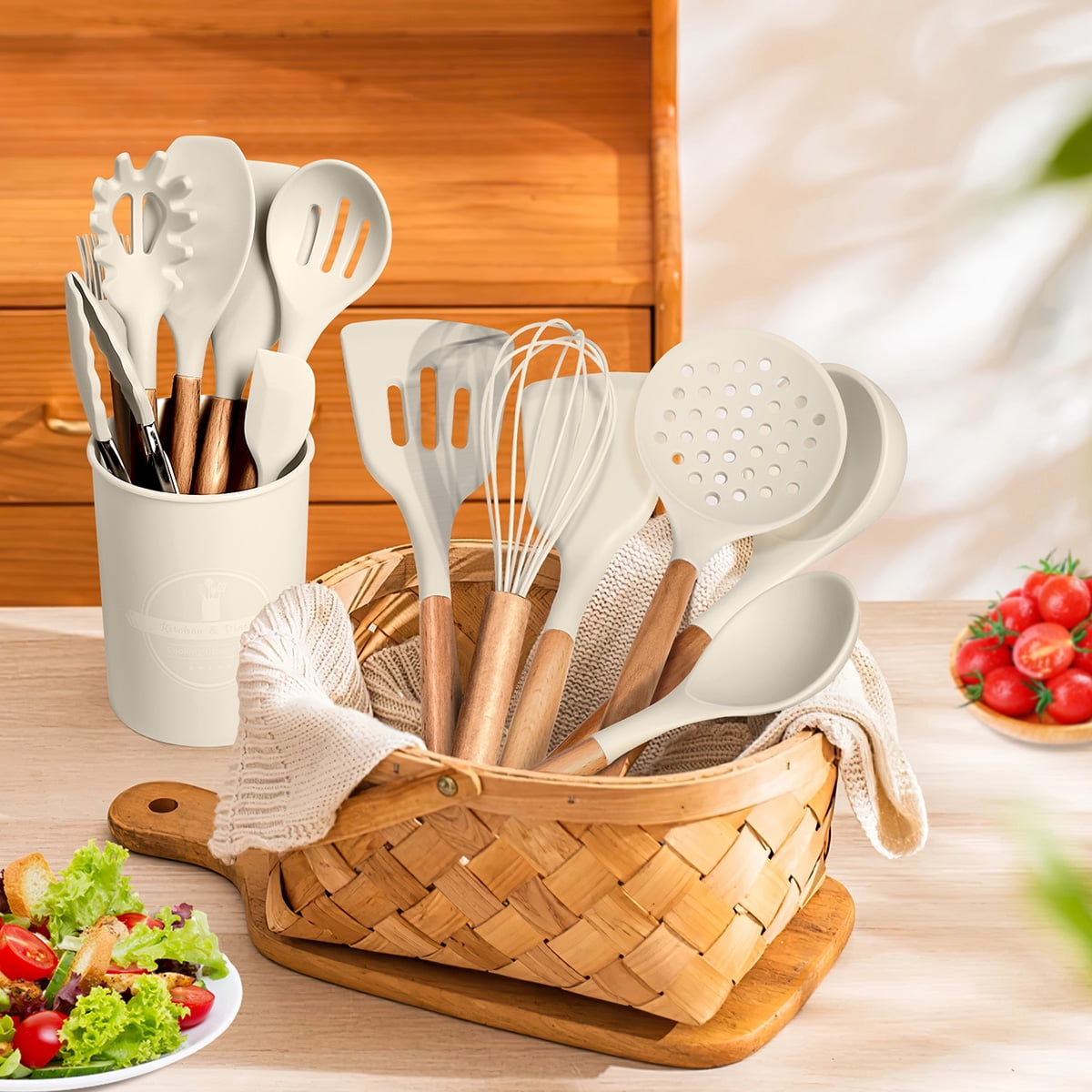 GPED 29 Pcs Silicone Kitchen Utensil Set, Cooking Utensils Set with Wooden Handle, Food Grade Silicone Spatula Set, BPA-Free, 446°F Heat Resistant Kitchen Gadgets Tools Set, White