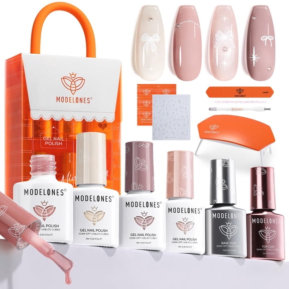 Modelones Gel Mini Salon Nail Kit, 4 Nude Pink Shades Gel Nail Polish Set with 8W UV LED Lamp, Base Coat Top Coat, Nail Tools, Art Stickers & Remover Wraps, 28 Days Long Lasting