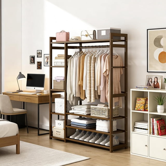 Armario, armario para construir con 8 compartimentos de almacenamiento, 130 * 30 * 150 cm Perchero de bambú con estantes, apto para dormitorios y vestidores (marrón)