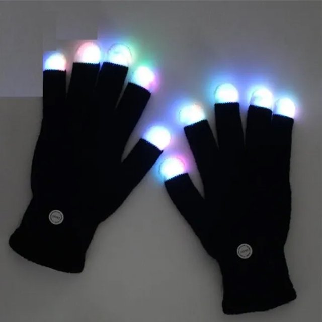 DEBGFS Flashing Gloves Glow LED Rave Light Finger Lighting Mitt, black luminous gloves with multicolored LED lights at the fingertips. Made of breathable polyester with a hidden drawer-type battery holder design. A novelty toy and fun gift, ideal for concerts, raves, clubs, and parties.