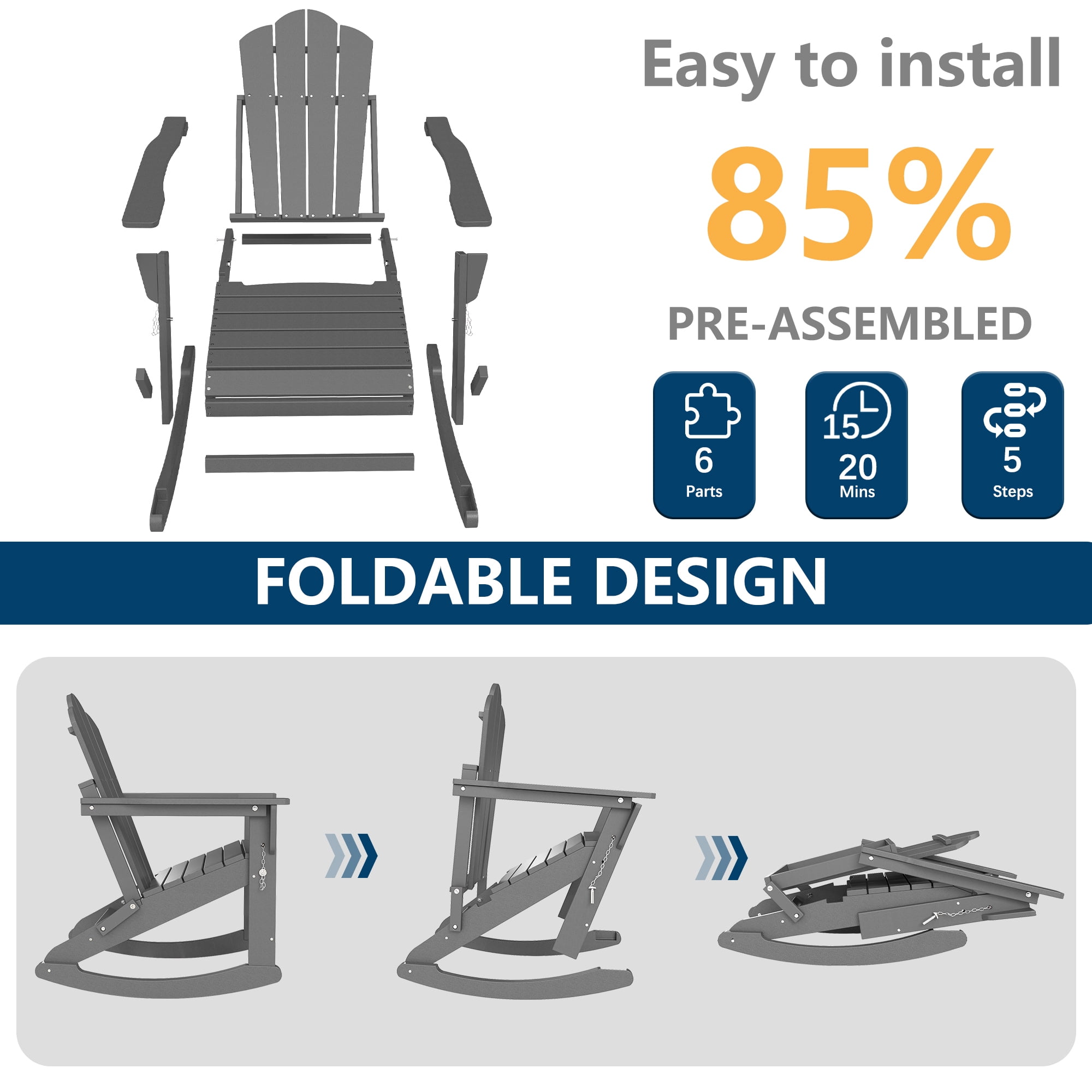 FOOWIN Folding Rocking Adirondack Chair, HDPE Plastic Rocking Chairs for Patio Porch Rocker Chair, Grey