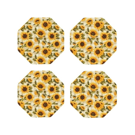 

Fuzoiu Scottish Plaid Sunflower Print Leather Coasters Set Drink Coasters Set of 4 for Tabletop Protection Durable PVC Coasters Home Décor and Housewarming Gift-Octagon