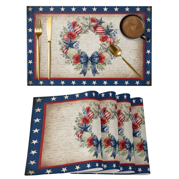 4th of July Placemats Set of 2, Red Blue Stars Floral Leaf Wreath Vintage Letter Non-Slip Place Mats Washable Table Mats for Kitchen Dining Table Decorations Indoor/Outdoor