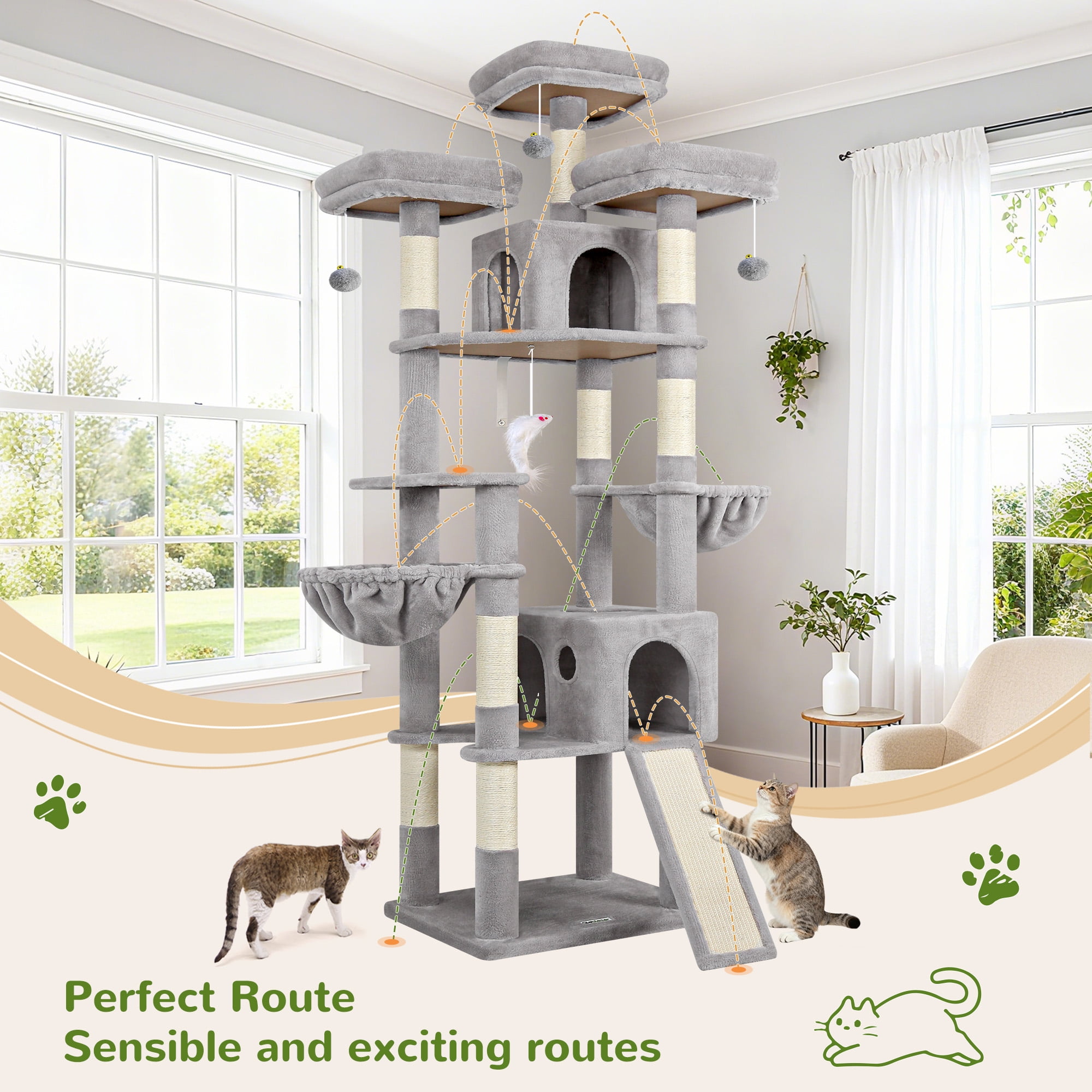Globlazer 83'' Multi-Level Large Cat Tree Tower for Indoor Cats with Sisal Scratching Post, Hammock & 2 Condos,Light Gray Globlazer 83'' Multi-Level Large Cat Tree Tower for Indoor Cats with Sisal Scratching Post, Hammock & 2 Condos,Light Gray - Image 5