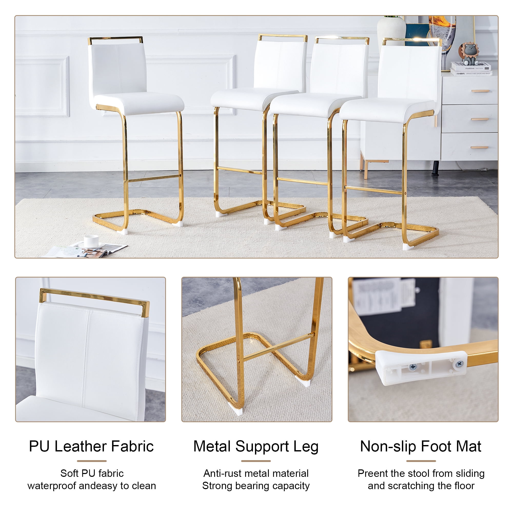 Lecut 30" Counter Height Bar Stools Set of 4, Modern Upholstered PU Leather Bar Stools with Back and Gold Chrome Plated Metal Frame, Armless Bar Chairs for Kitchen Island (White+Gold)