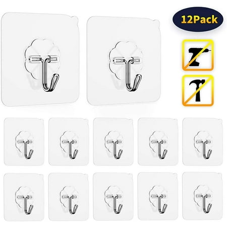 

Adhesive Hooks 12-Pack 44lb(Max) Utility Hooks Heavy Duty Wall Hooks Transparent Command Hooks Hanging (Transparent)