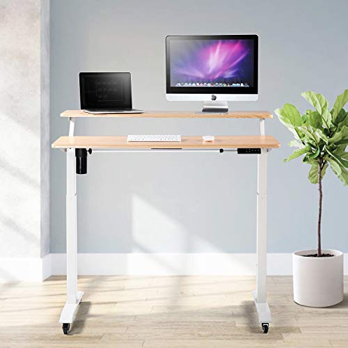 UNICOO® 2 Tier Electric Height Adjustable Standing Desk with Wheels, Electric Mobile Standing Workstation, Sit Stand Desk Home Office Desk Whole-Piece Desk Board 48 * 24 in (KT1002-LW) 2Tier