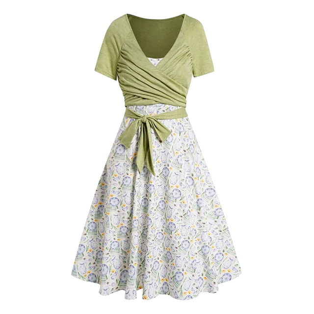 Birdeem Ensemble de Robe à Fermeture Éclair pour Femmes, Mode d'Été, Col en V, Manches Courtes, Imprimé Floral, Vacances
