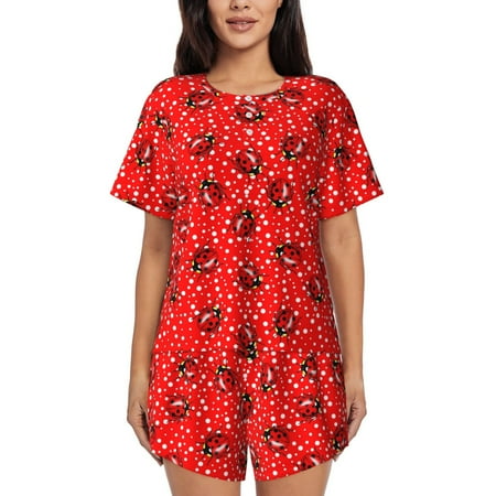 Sikiie Red Ladybugs On White Dotted Womens Pajama Sets Short Sleeve Top With Pants Sleepwear 2 Piece Lounge Set-4X-Large