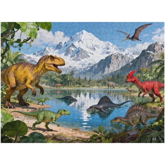 Dinosaur Lake 500 Piece Puzzle for Adults, Tyrannosaurus and Wildlife Scene, Fun Family Jigsaw Challenge Game, Birthday Gift and Home Decor Art, 20.5x15 in