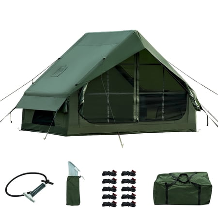 Waldmate Inflatable Camping Tent for 3-4 Person, Glamping Tent with Stove Jack Hand Pump, Oxford Waterproof Cabin Tent with Mesh Windows & Door(New)