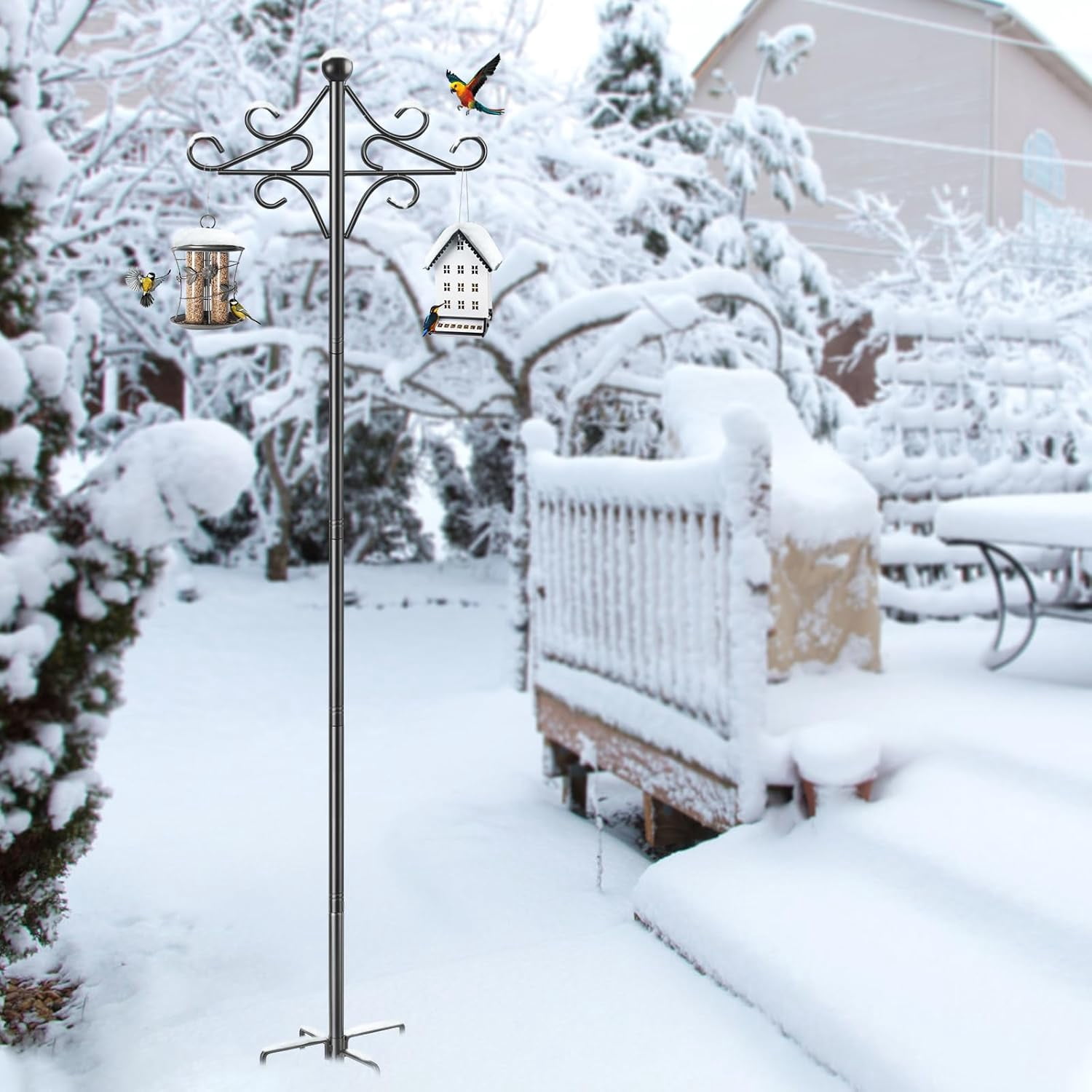 KOLAKO Bird Feeder Pole, 76 inch Shepherds Hook Crook, Wild Bird Feeding Station Heavy Duty Metal Stand Free Standing for Garden Lights Lantern, Plan Basket
