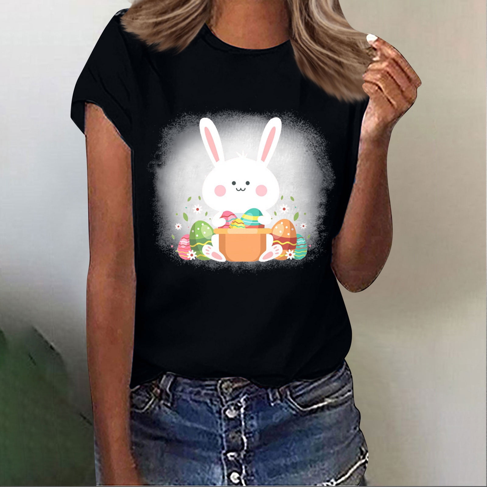 Womens Easter Shirts Bunny Eggs Easter Print Top Short Sleeve Cute T