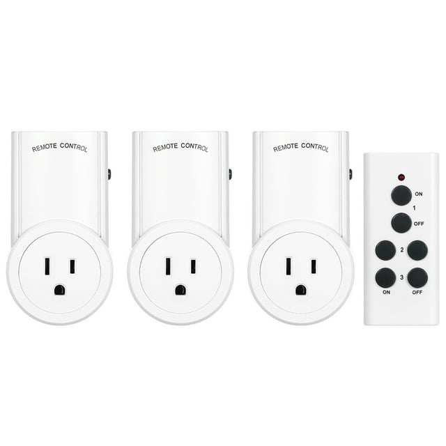 US Plug Remote Control Outlet Set - 3 Wireless Smart Sockets with 1 Remote Transmitter, Individual ON/OFF Control, Energy Saving, Flame-Retardant PC Material, White, AC 120V 60Hz, 15A Max Load,