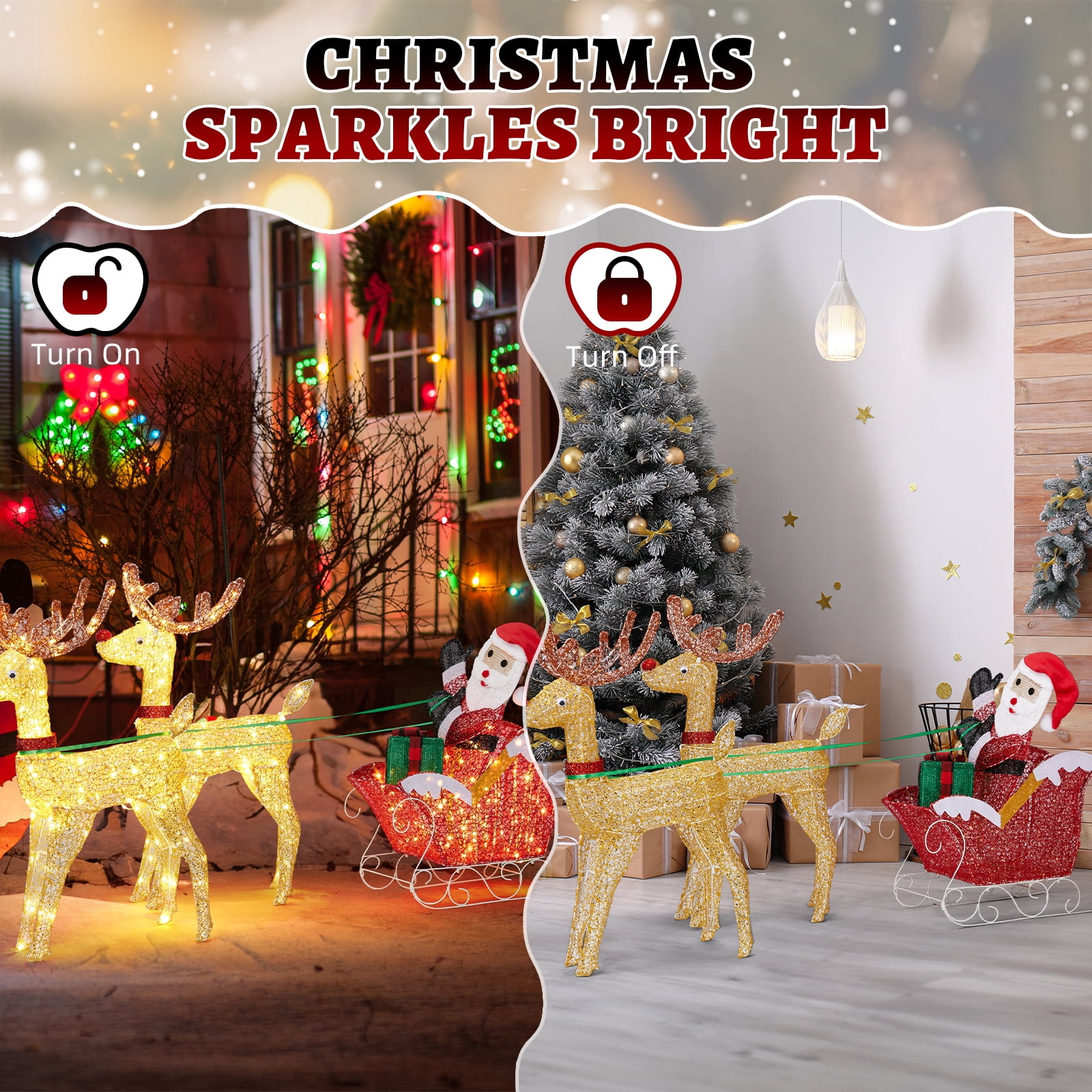 Astoutdoor Lighted Reindeer Pulling Sleigh Christmas Decoration, Pre-lit with 270 Warm White LED Lights, 30V 6W, Indoor Outdoor Holiday Display