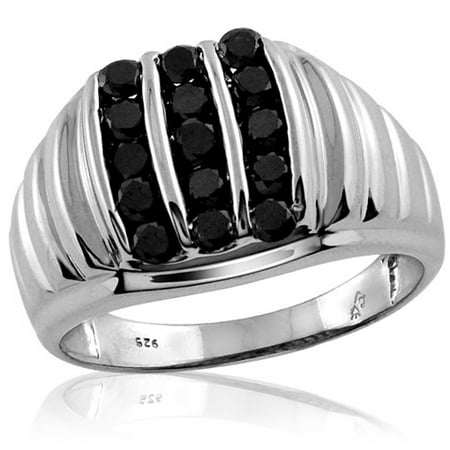 JewelersClub 1.00 CTW Round cut Black Diamond Two Row Textured Sterling Silver Men's Ring