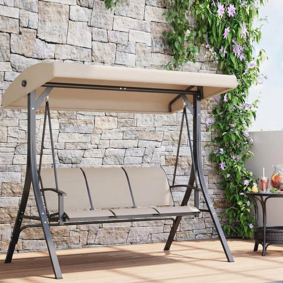 Studyset 3-Seat Outdoor Porch Swing Chair with Adjustable Canopy, Breathable Textilene, Armrests & Cushions, Weather-Resistant Bench for Garden, Backyard, Poolside