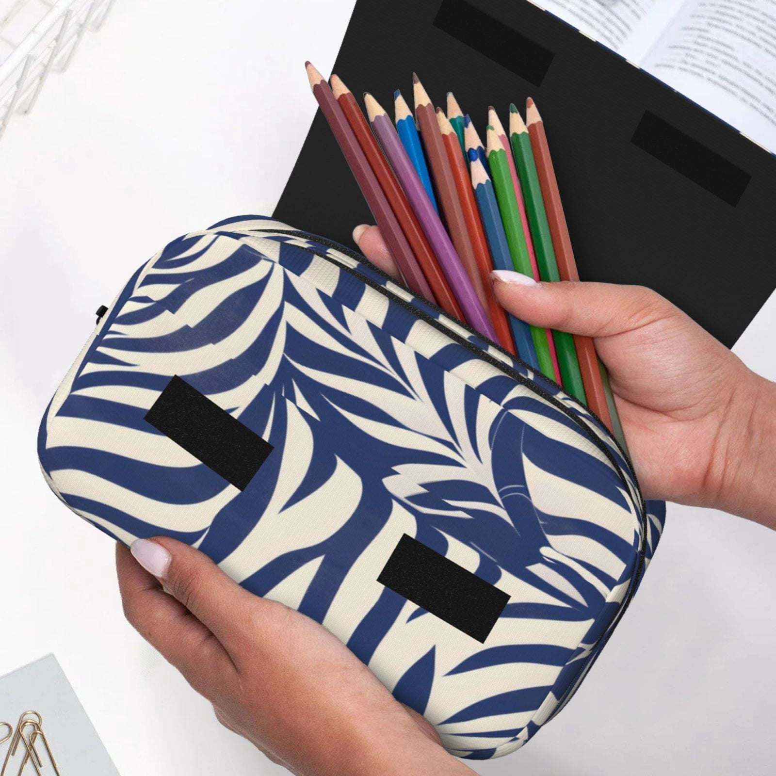 Large-Capacity Flip-Top Double-Layer Pencil Case, Multi-Functional Pocket Pen Case, Durable Stationery Organizer Zebra Print Style Steelblue_1