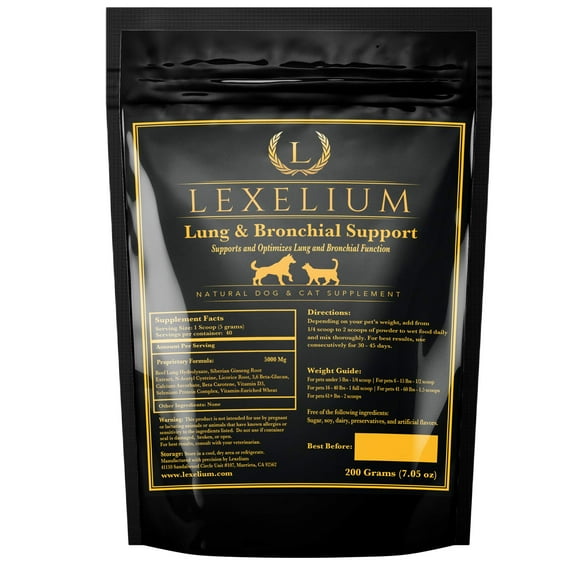 Lexelium Lung & Bronchial Supplement for Dogs and Cats - Provides Breathing Support & Keeps Lung Healthy - Optimizes Lung Function & Breathing - Easy to Mix Powder - 200G