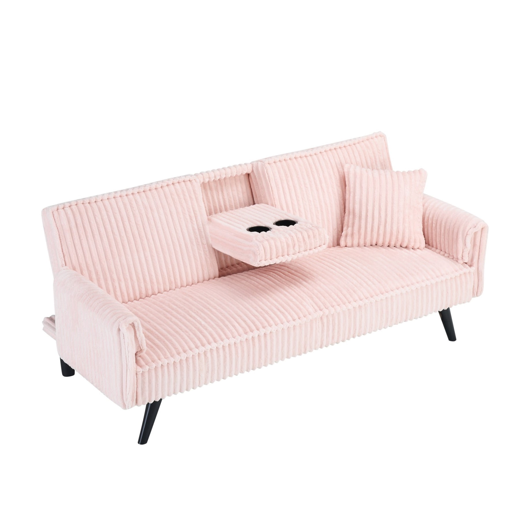 Corduroy Sofa Couch, Adjustable Modern Sleeper Sofa with Cup Holders for Living Room Bedroom Apartment, Pink