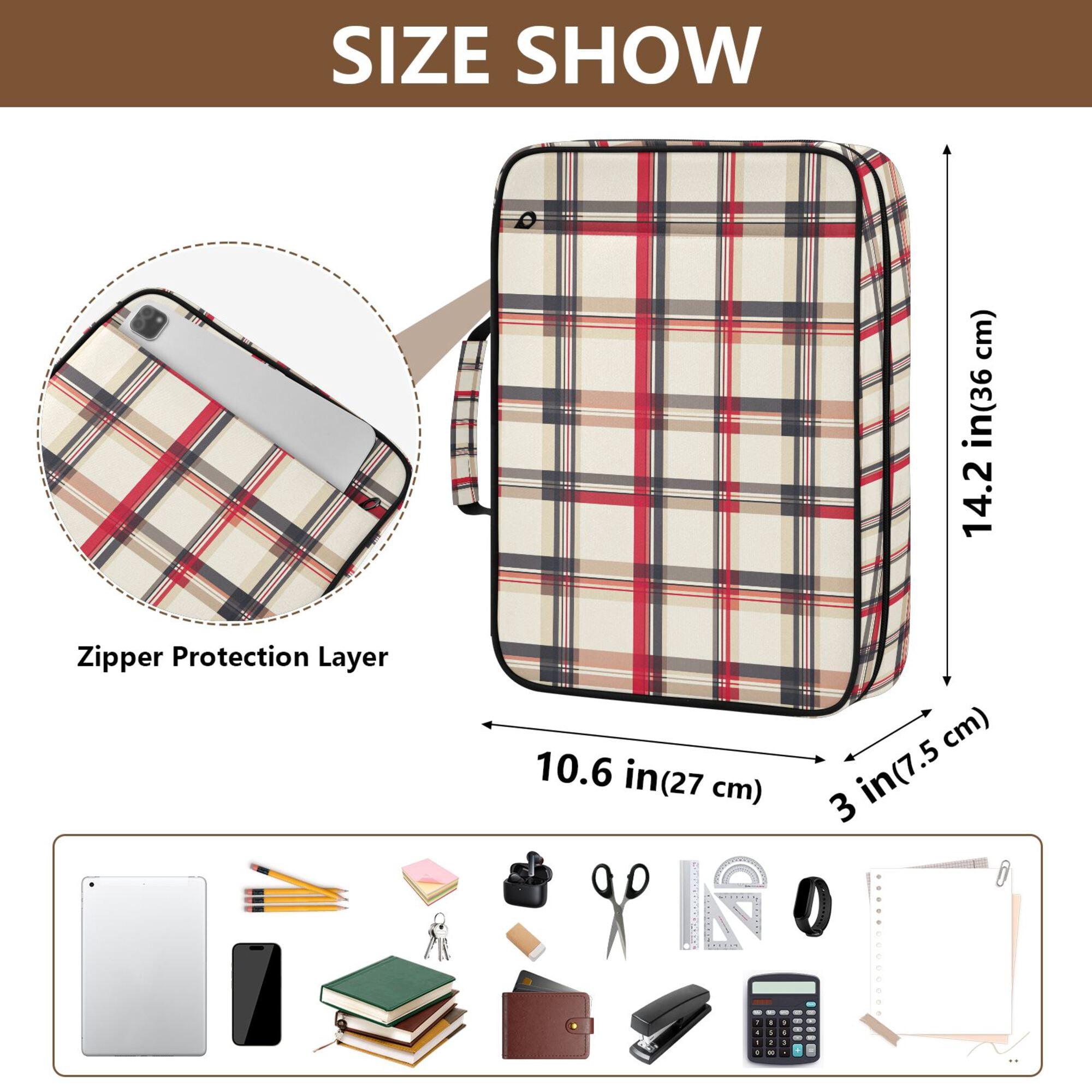 FORMRS Accordion File Folder A4 Size 7-Pocket Expanding Document Organizer Bag with 3 Ring Binder, Red Tartan