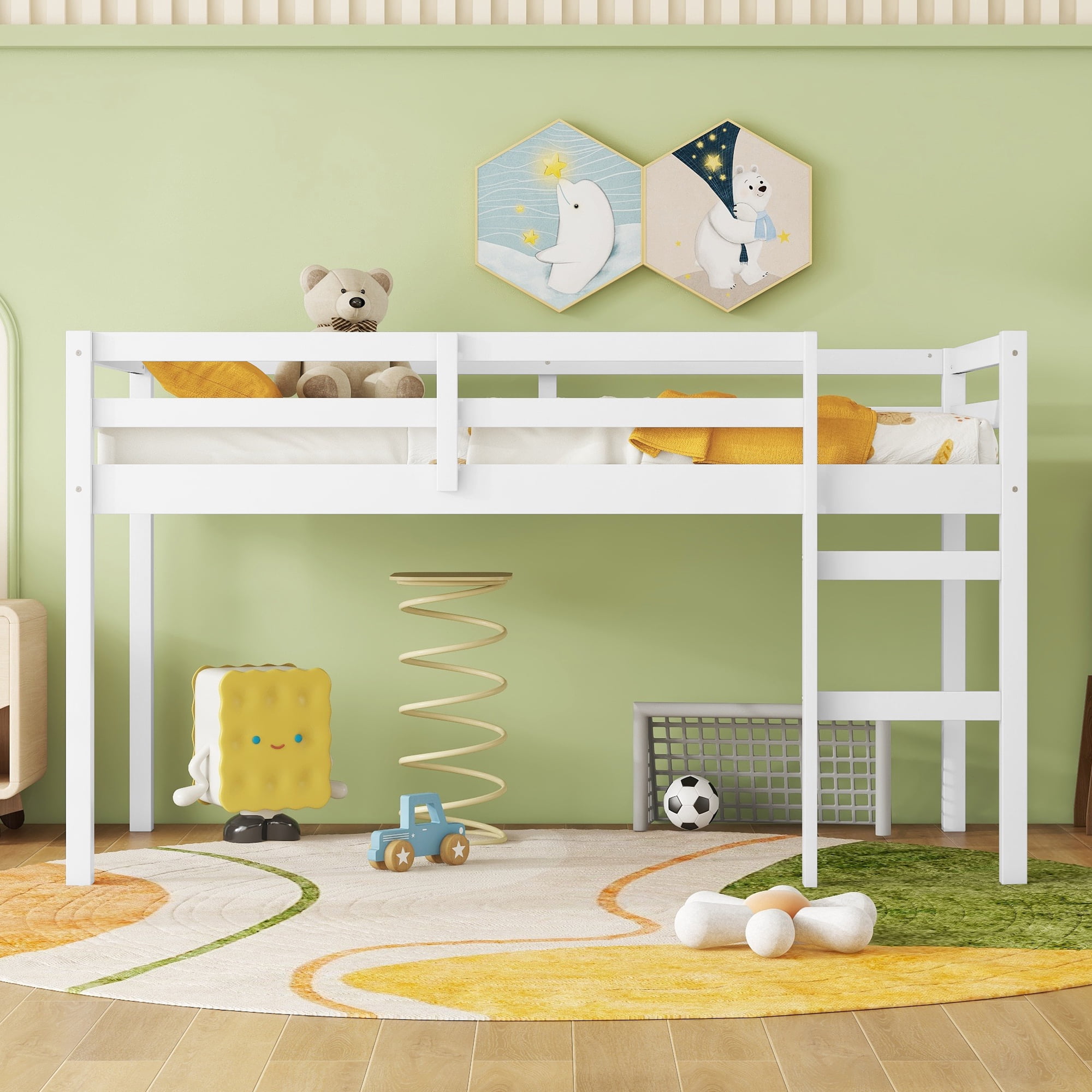 Solid Wooden, Rubber Wooden Twin Loft Bed with Ladder, Bed Platform of Strengthened Slats, White