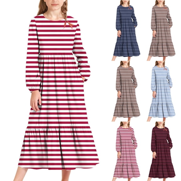 MKOSPLRT Striped Dress for Girl with Pocket 4-15Y Long Sleeve Ruffle Tiered Dress Loose Fit Maxi Dress Flowy Casual Dress for Beach Vacation