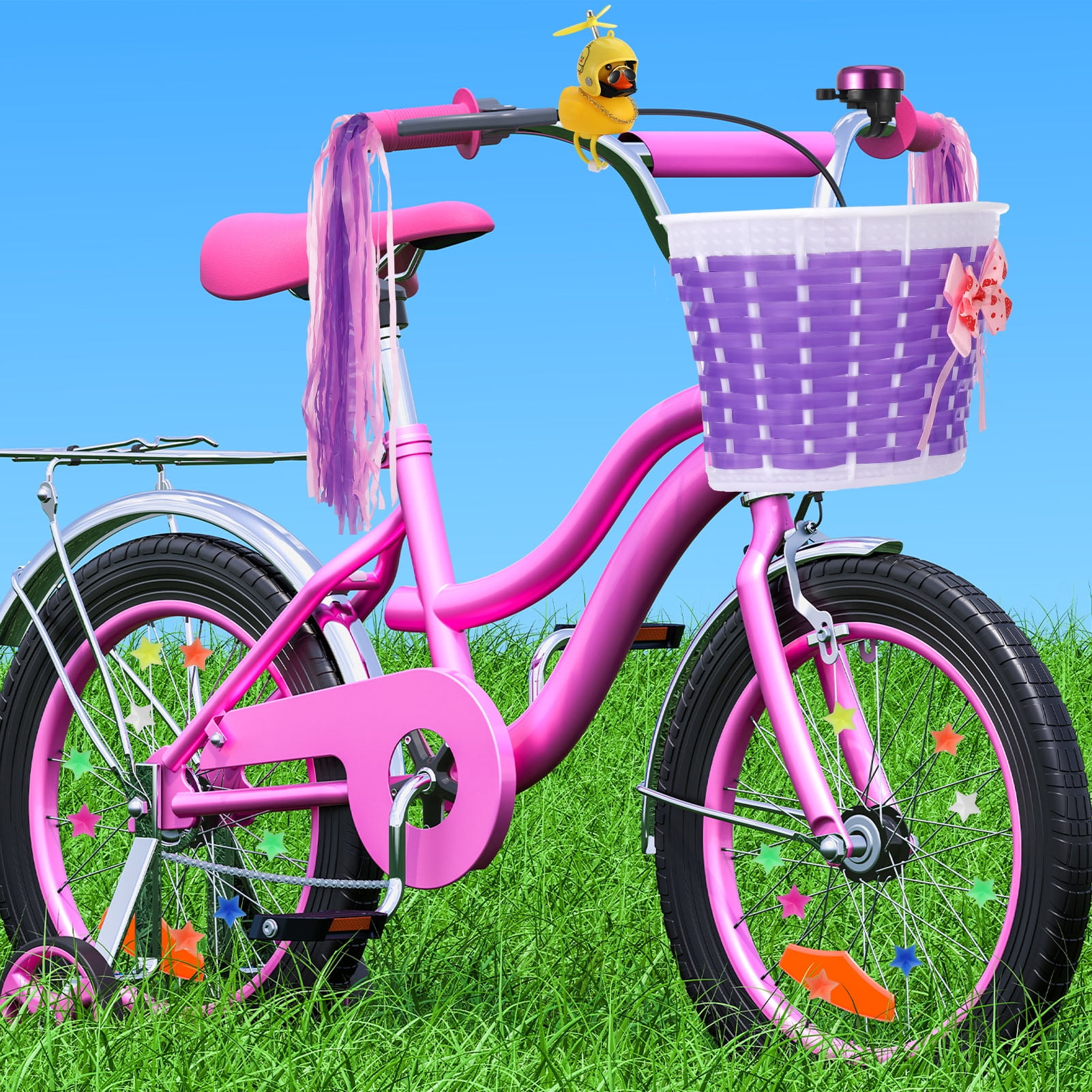 Hengguang 5Pcs Girl's Bicycle Basket Streamers Set, Kid's Bicycle Basket, Bike Bell and Star Shaped Beads for Girls and Boys Bike Basket Front Decoration