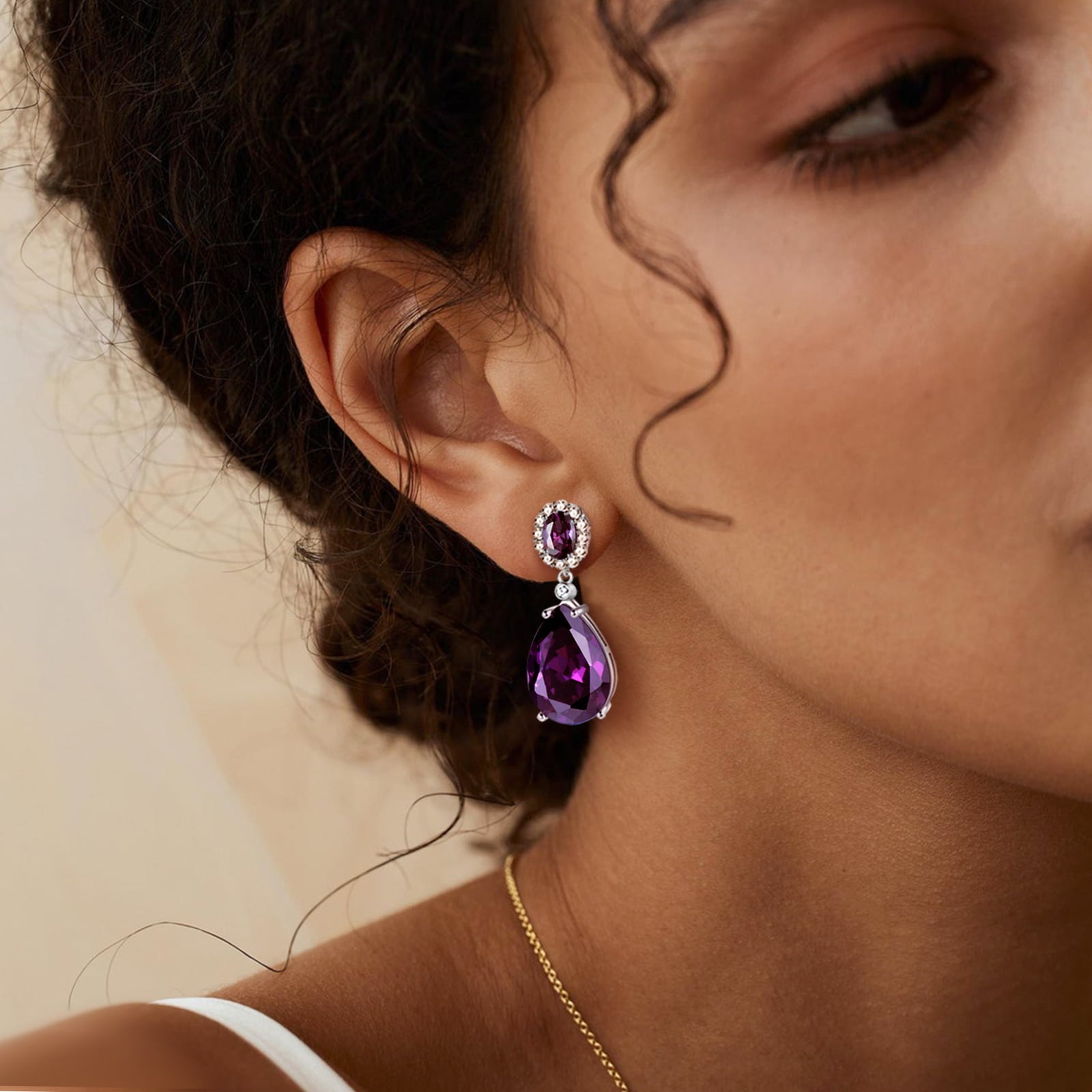 Juwaliy 10Ct Dangling Teardrop Earrings Women February Birthstone Amethyst Purple 925 Sterling Silver Jewelry Birthday Valentine's Day Gift