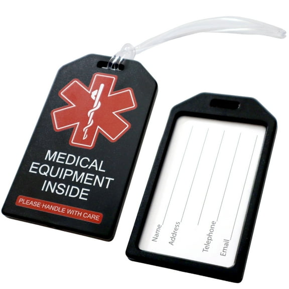 2 Pack - Heavy Duty Medical Equipment Luggage Tags CPAP / BIPAP w/ Plastic Loops - Respiratory Therapy Machine Device Carry On Bag Supplies Identifier Label for Airline Travel by Specialist ID (Black)