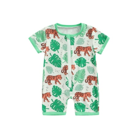 

CenturyX Toddler Baby Boys Summer Clothing Short Sleeve Round Neck Zipper Dinosaur/ Tiger Printed Jumpsuit Romper Green 12-18 Months