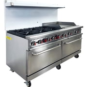 60-Inch Commercial Gas Range with 6 Burners, Flat Griddle, and Double Standard Ovens – Stainless Steel, NSF