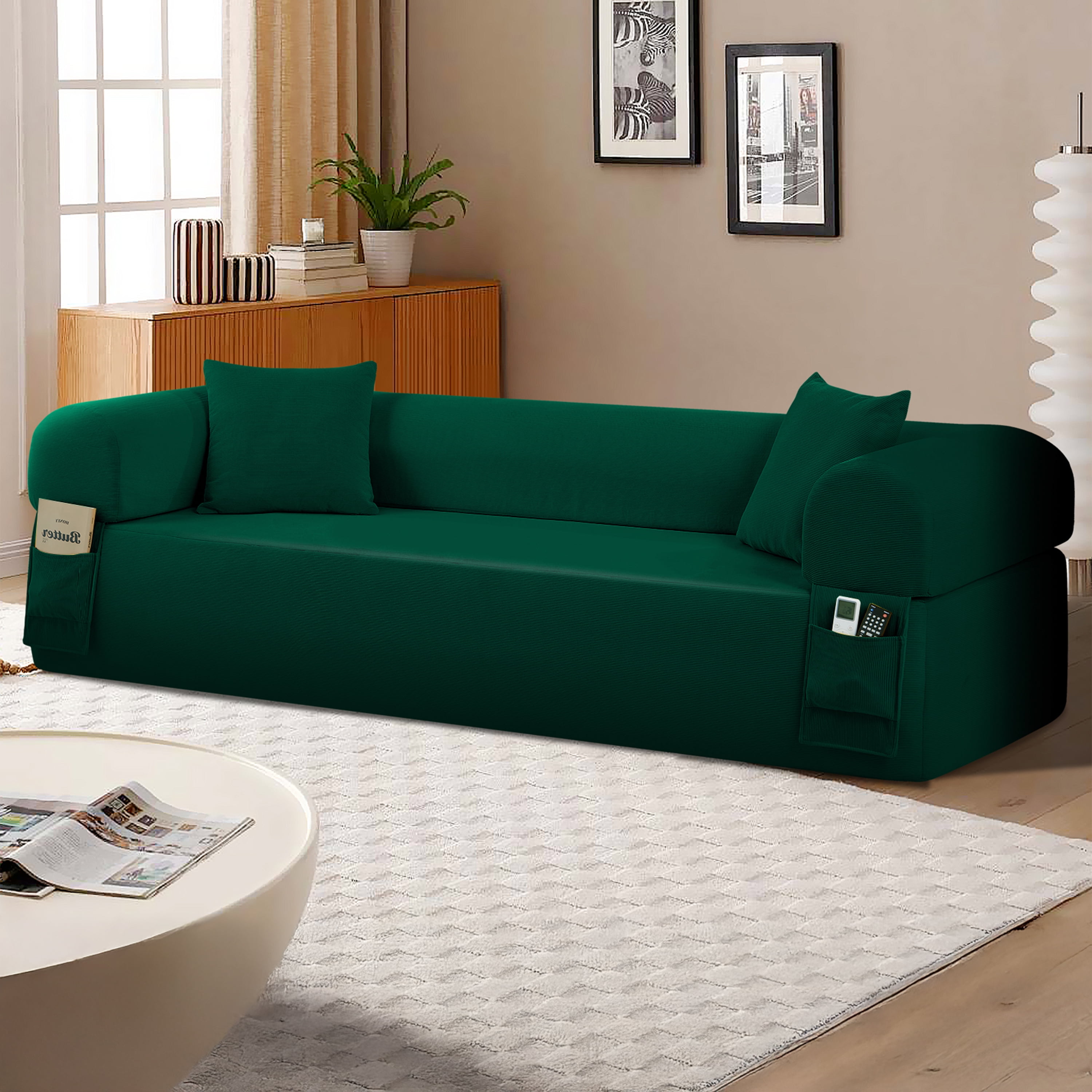 AC PACIFIC 3-Seater Low-Profile with Pillows & Storage – Pocketed Springs, Green