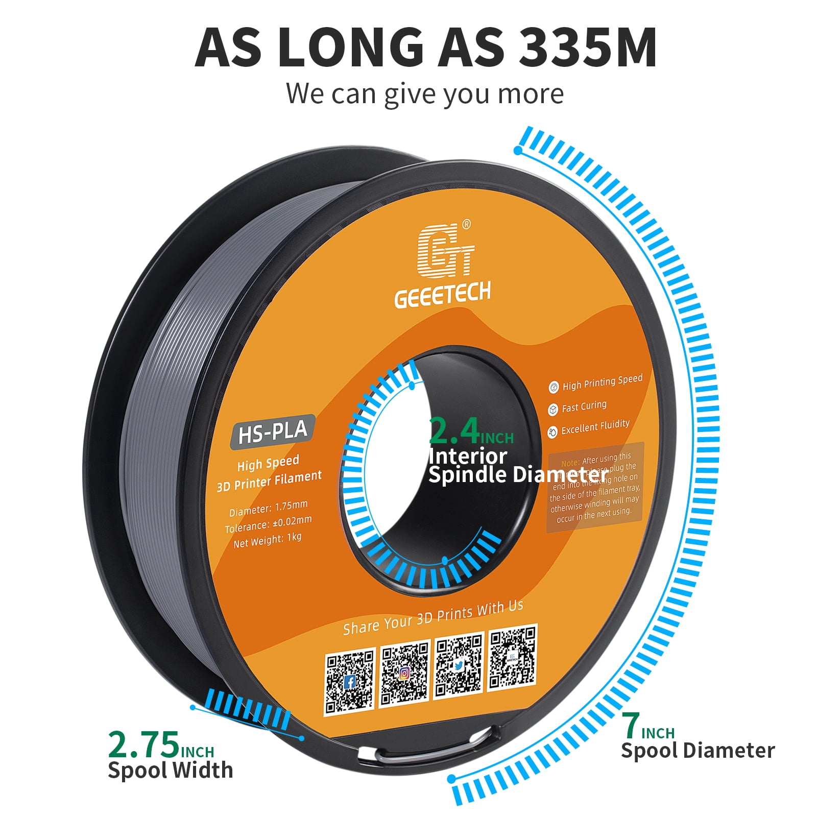 Geeetech 1.75mm PLA 3D Printer Filament, 10kg Spool (22lbs), Dimensional Accuracy +/- 0.03mm,Grey