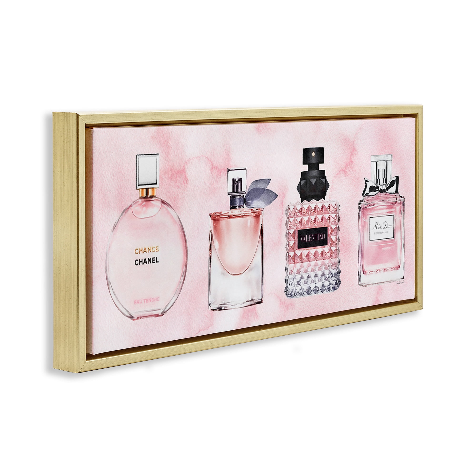 Stupell Industries Pink Fashion Fragrance Bottles Beauty & Fashion Painting Gold Floater Framed Canvas Art Print Wall Art, 25 x 11