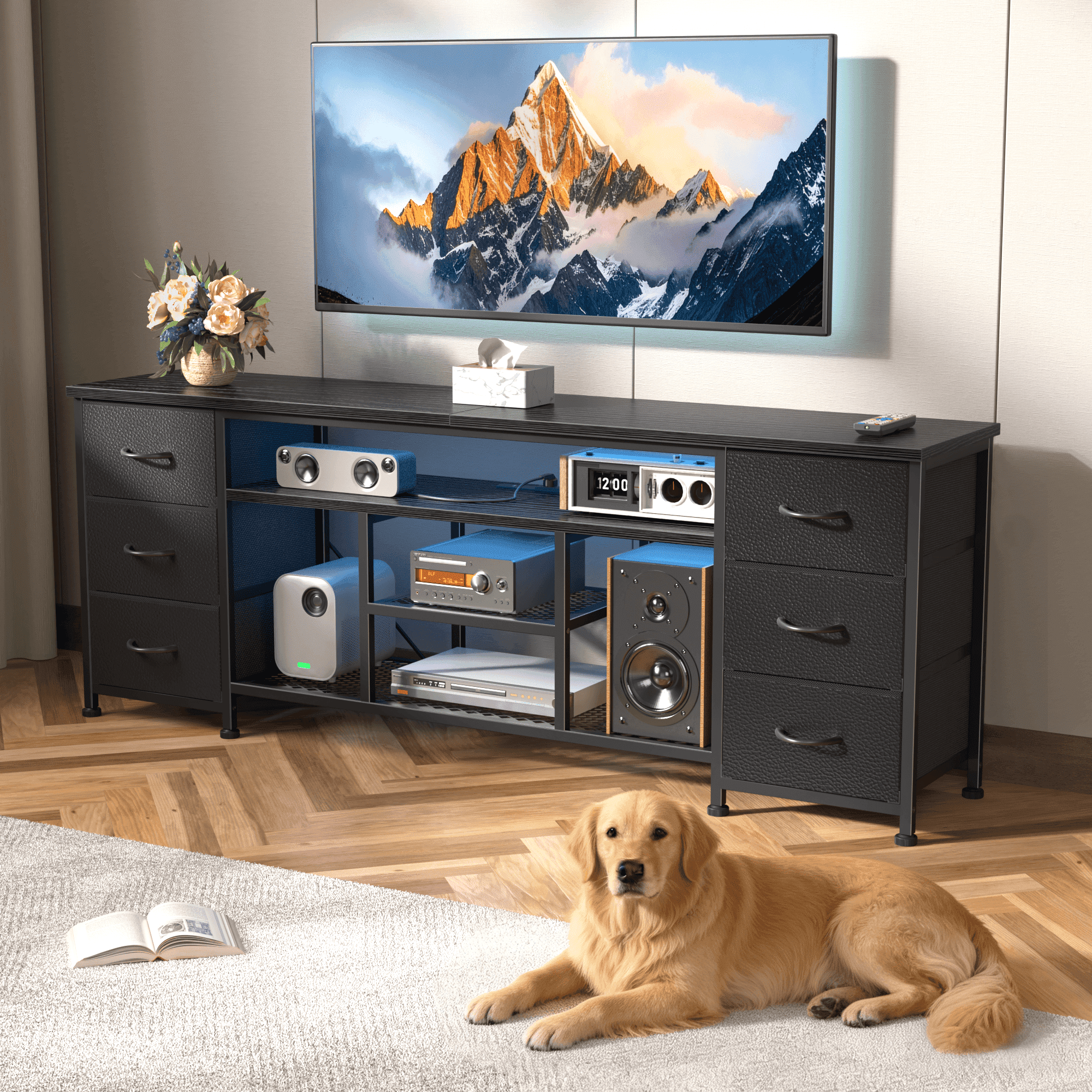 Tydimor Modern TV Stand for 65-70 inch TVs, LED Entertainment Center with Power Outlets and 6 Drawers, Media Console with Storage for Living Room, Black