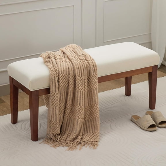 43.5'' Linen Bedroom Bench, Upholstered End of Bed Bench, Padded Vintage Dining Bench, Entryway Bench with Solid Wood Legs, Kitchen, Living Room, Hallway, White