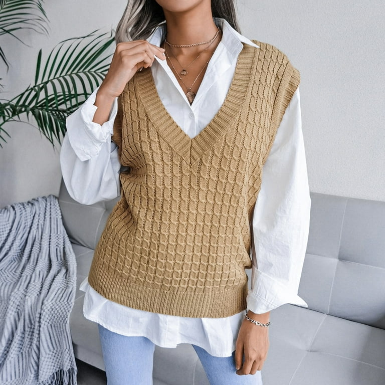 HSMQHJWE Soft Sweaters For Women Cozy Warm Women Cardigan Sweater Women'S  Autumn And Winter Fasion Solid Color V-Neck Sweater Vest Cable Knitted  Sleeveless Checked Sweater Tan Sweater 