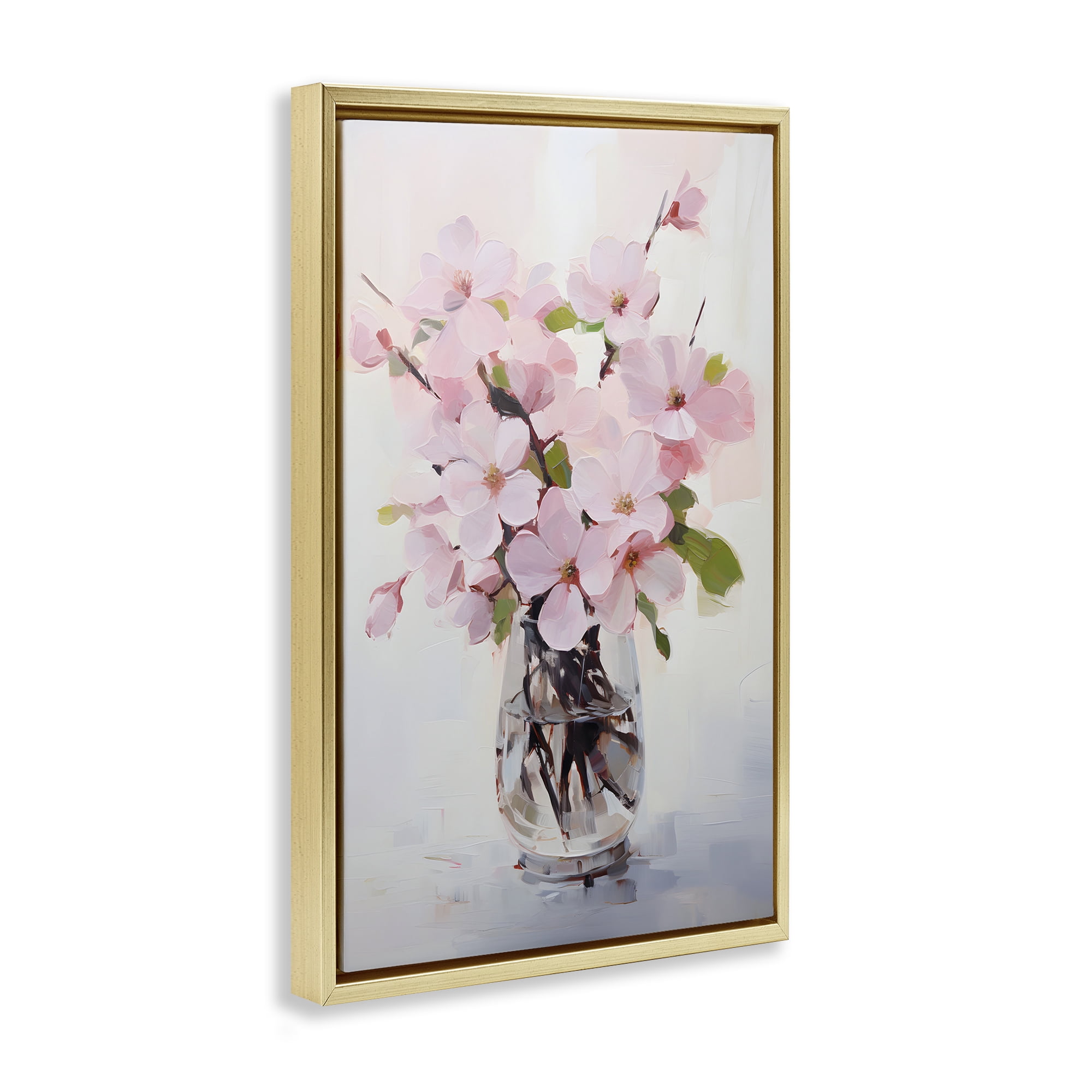 Stupell Industries Rosy Flower Vase Botanical & Floral Painting Gold Floater Framed Art Print Wall Art, 21 x 31