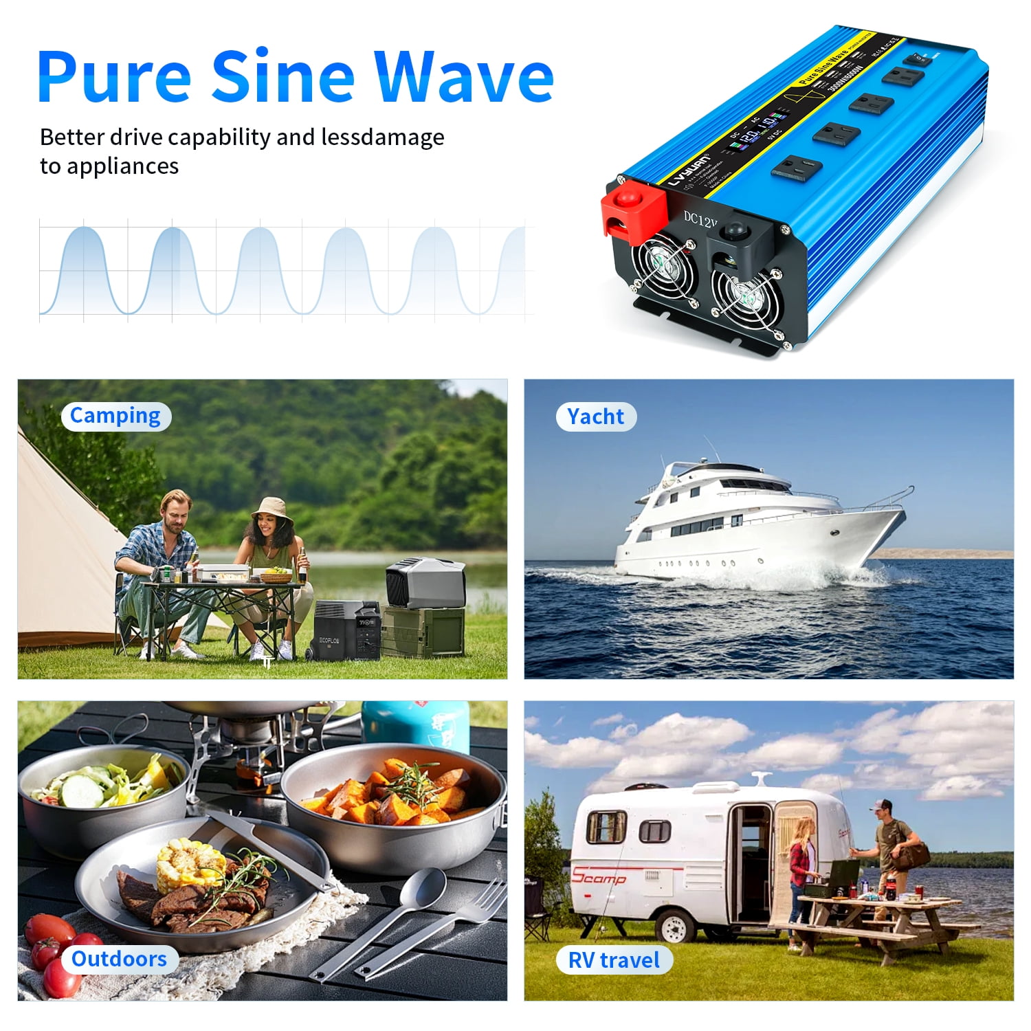 LVYUAN 3000W Pure Sine Wave Power Inverter 6000W Peak DC 12V to AC 110V Car Converter with LCD Display, Remote Control, 4 AC & 4 USB Ports, for Car, RV, Truck, Camping, Off-Grid, Home Backup Blue