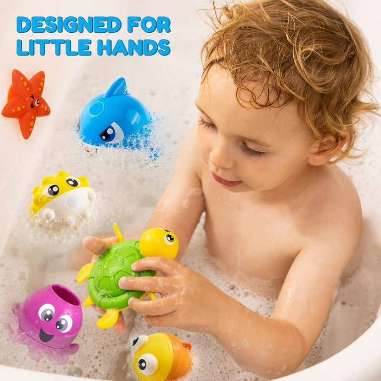 JOYIN Baby Bath Toy Set - Magnetic Fishing Toy with Fishing Rod, Mold-Free Soft Puffer & Clown Fish, Spinning Octopus and Starfish, Wind-up Shark